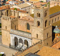 Aerial closeup of the facade of Monreale Cathedral, located in the province of Palermo, Sicily, Italy. It is a Catholic church and one of the greatest extant examples of Norman architecture.