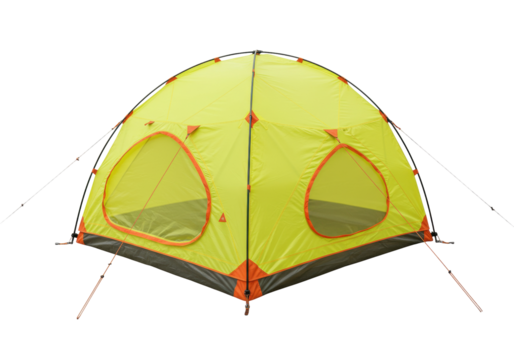 Yellow dome tent isolated on transparent background, camping equipment for outdoor adventure and recreational activities