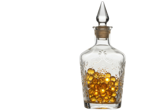 Elegant glass decanter with golden beads isolated, vintage bottle with decorative pattern and stopper for home decor and special occasions