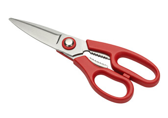 Red kitchen scissors isolated on transparent background, versatile tool for cutting food and herbs in cooking preparation