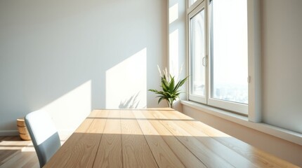 Fototapeta premium Bright and Minimalist Workspace with Large Windows and Indoor Plants, Ideal for Productivity and Creativity