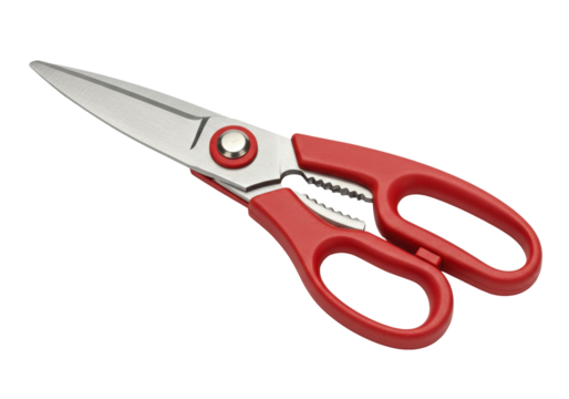 Red kitchen scissors isolated on transparent background, versatile tool for cutting food and herbs in cooking preparation