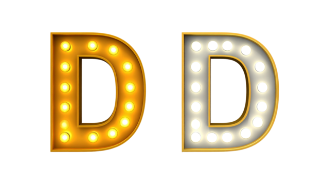 Two illuminated marquee letter D designs with glowing bulbs isolated on white background