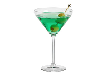 Green apple martini with olives isolated, refreshing cocktail in glass on transparent background, alcoholic beverage for party and celebration