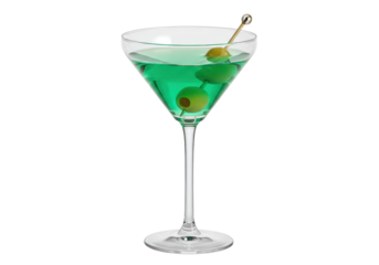 Green apple martini with olives isolated, refreshing cocktail in glass on transparent background, alcoholic beverage for party and celebration