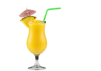 Refreshing pineapple cocktail isolated on transparent background, tropical drink with straw and umbrella for summer vacation