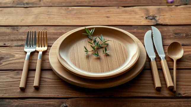 Elegant and Minimalistic Table Setting with Wooden Plates and Cutlery Surrounded by Greenery on Rustic Wooden Table