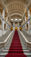 Fototapeta premium Grand hallway with majestic staircase and red carpet in classical architecture setting
