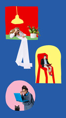 Digital artwork. Three people working remotely in colorful collage of creative home office scenes. Concept of motivation, teamwork, emotional balance in digital collaboration and modern workflow.