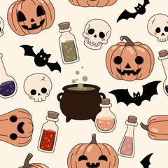 Wzór bezszwowy Halloween - dynie, czaszki, nietoperze i mikstury - ilustracja wektorowa