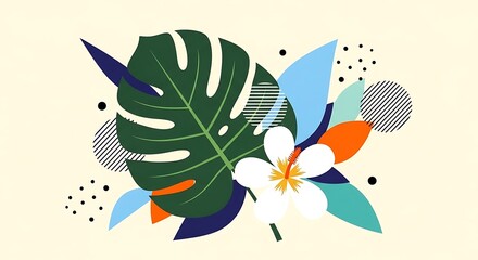 Tropical Illustration with Monstera Leaf and Plumeria Flower.