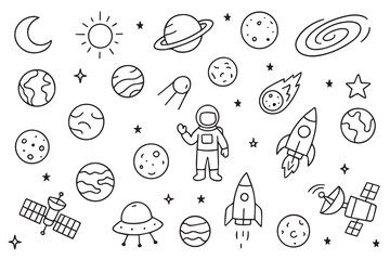 Hand-drawn space. Rockets, space planets in a doodle style.