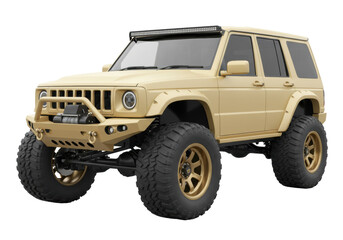 Tan off-road vehicle with large tires isolated on transparent background, custom 4x4 car for adventure and extreme terrain © Daniel
