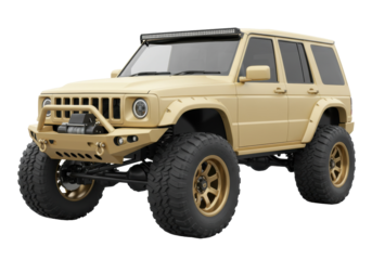 Tan off-road vehicle with large tires isolated on transparent background, custom 4x4 car for adventure and extreme terrain