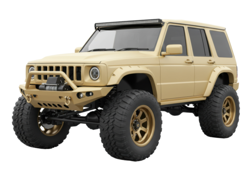 Tan off-road vehicle with large tires isolated on transparent background, custom 4x4 car for adventure and extreme terrain