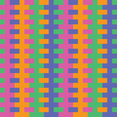 Pattern created from small pink, orange, green and blue rectangles overlapping pink, orange, green and blue stripes