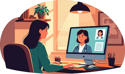Woman having an online video consultation with a female doctor from her home office
