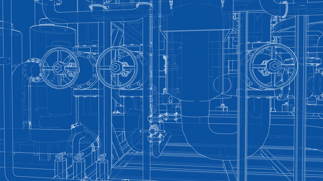 Industrial Blueprint with Valves and Pipes. Vector