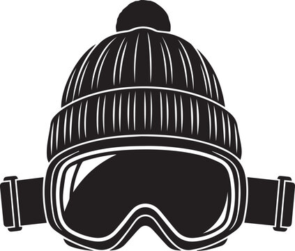 Black and white graphic illustration of a knitted beanie hat with a pompom and ski goggles vector