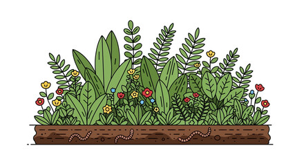 Cartoon Garden Bed with Flowers, Green Leaves, and Worms in Soil