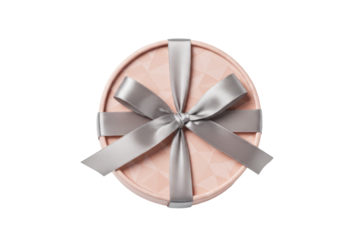 Pink round gift box with silver ribbon isolated on transparent background, present for birthday or special occasion PNG