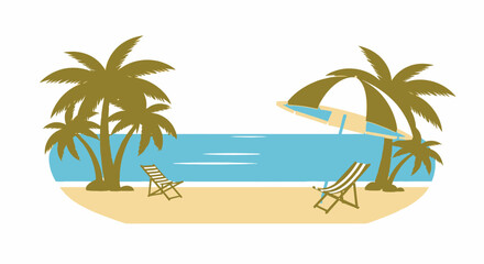 Obraz premium Tropical Beach Scene with Palm Trees and Chairs Illustration