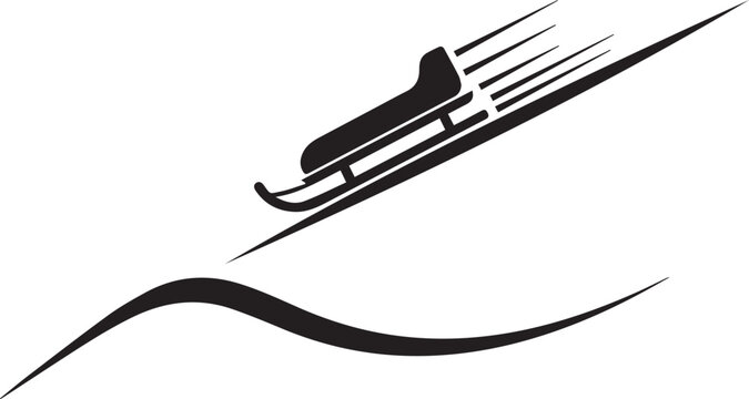 Black silhouette of a sled speeding down a snowy slope with motion lines and a curved wave below sleigh