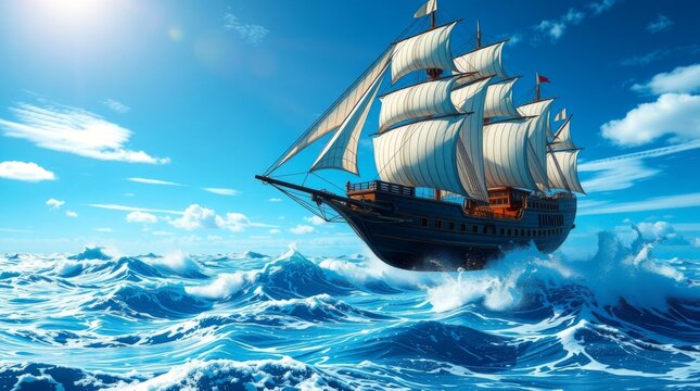Majestic sailing ship navigating through vibrant blue ocean waves under clear sky with puffy clouds and bright sunlight