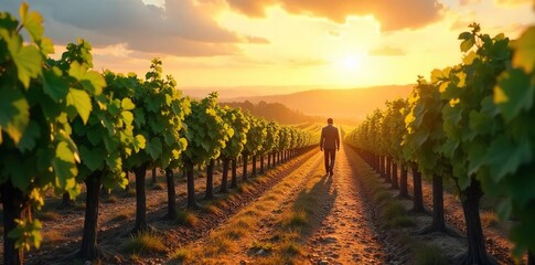 Naklejka premium Lone Figure Departing Sun-Drenched Vineyard A Journeys End or New Beginning A picturesque winding road leads through rows of ripening grapes in a golden, sunlit landscape.