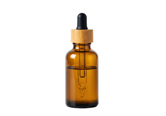 Amber glass bottle with dropper isolated, essential oil container for aromatherapy and skincare products, no background