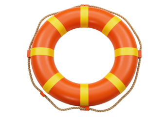 Orange lifebuoy with yellow stripes isolated, life saving equipment for water safety and emergency rescue on transparent background