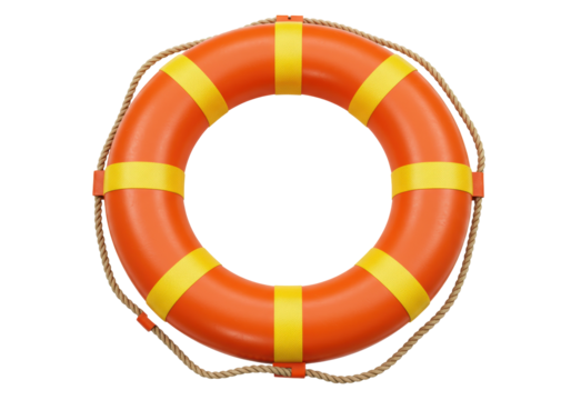 Orange lifebuoy with yellow stripes isolated, life saving equipment for water safety and emergency rescue on transparent background