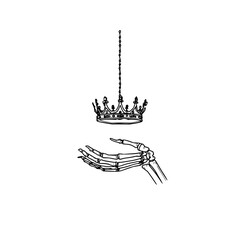 Skeleton hand reaching for crown drawing king queen royalty gothic art illustration vector design 100