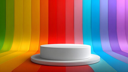 Empty white podium on rainbow flag background with spotlight for product display presentation pride month theme 05092025Prasanth