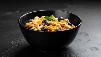 Bowl of cereal on a black background