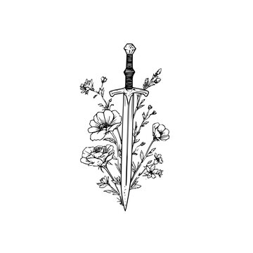 Sword and flowers tattoo design vector illustration floral sword art print medieval weapon fantasy artwork