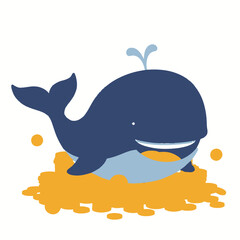 Obraz premium A cute cartoon whale is happily splashing in a pile of yellow sand with small orange bubbles around it.