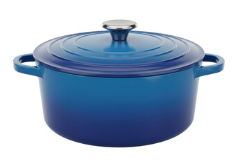 Blue enameled cast iron dutch oven isolated, cooking pot with lid for soups and stews, kitchenware for culinary use
