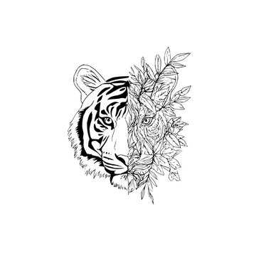 Tiger line art drawing half face floral design vector illustration for print and tattoo design idea