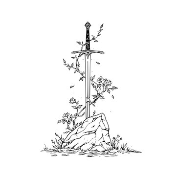 Sword in the stone vector art excalibur drawing fantasy medieval legend king arthur illustration design 100