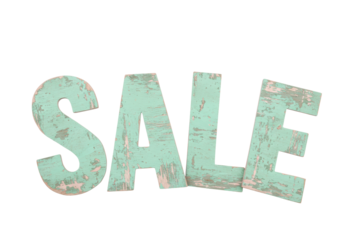 Distressed turquoise SALE letters isolated on transparent background, weathered wood sign for retail promotions and seasonal discounts