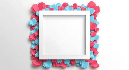 White square frame surrounded by numerous pink and blue heart shapes, creating a vibrant and romantic border on a clean background.