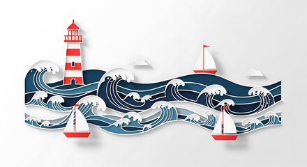 Paper Cutout Lighthouse and Sailboats on the Ocean Waves.