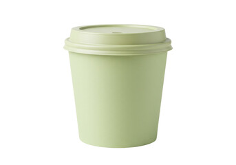 Reusable light green coffee cup with lid isolated on white, eco-friendly travel mug for hot drinks and sustainable lifestyle
