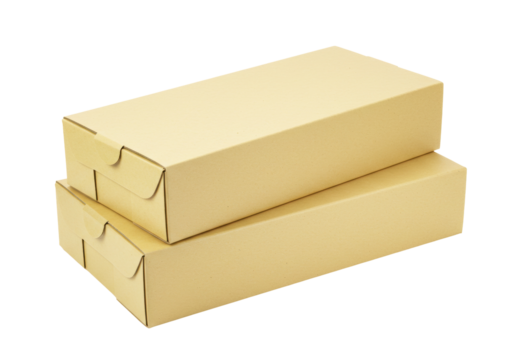 Two brown cardboard boxes stacked isolated on white, packaging for shipping and storage in a studio shot