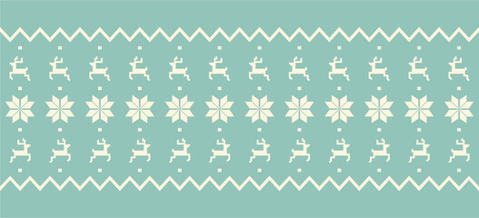 A seamless pattern for the Christmas and New Year holidays. A knitting pattern featuring a fair isle motif with Scandinavian snowflakes and reindeer for hats, sweaters, jumpers, and paper.