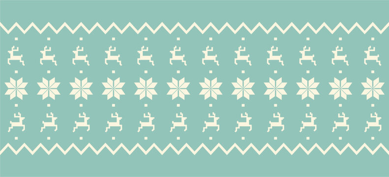 A seamless pattern for the Christmas and New Year holidays. A knitting pattern featuring a fair isle motif with Scandinavian snowflakes and reindeer for hats, sweaters, jumpers, and paper.