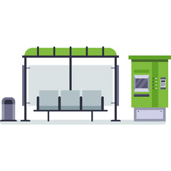 Bus Stop Shelter With Green Roof And Benches Next To A Green Machine And Trash Can On A White Background Vector Art