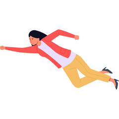 Businesswoman in Coral Blazer and Khaki Pants Flying with Determined Expression and Outstretched Arm on Transparent Background