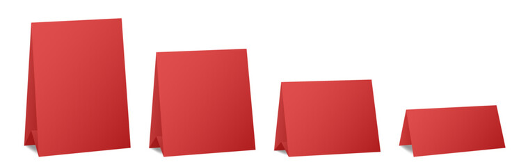 Set of table cards. Red bent sheets of different sizes. Tent table card, nameplate	
